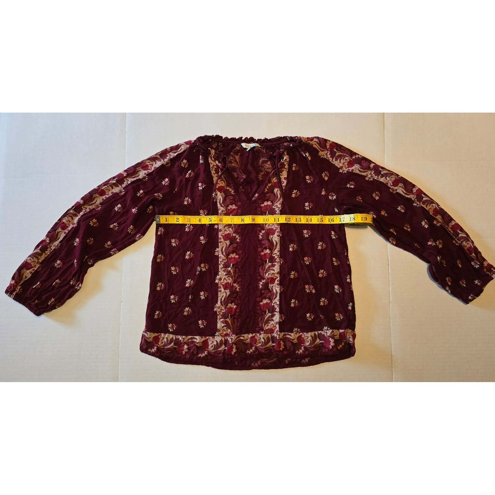 Lucky Brand Womens XS Burgundy Floral Boho Chic Peasant Blouse Long Sleeve